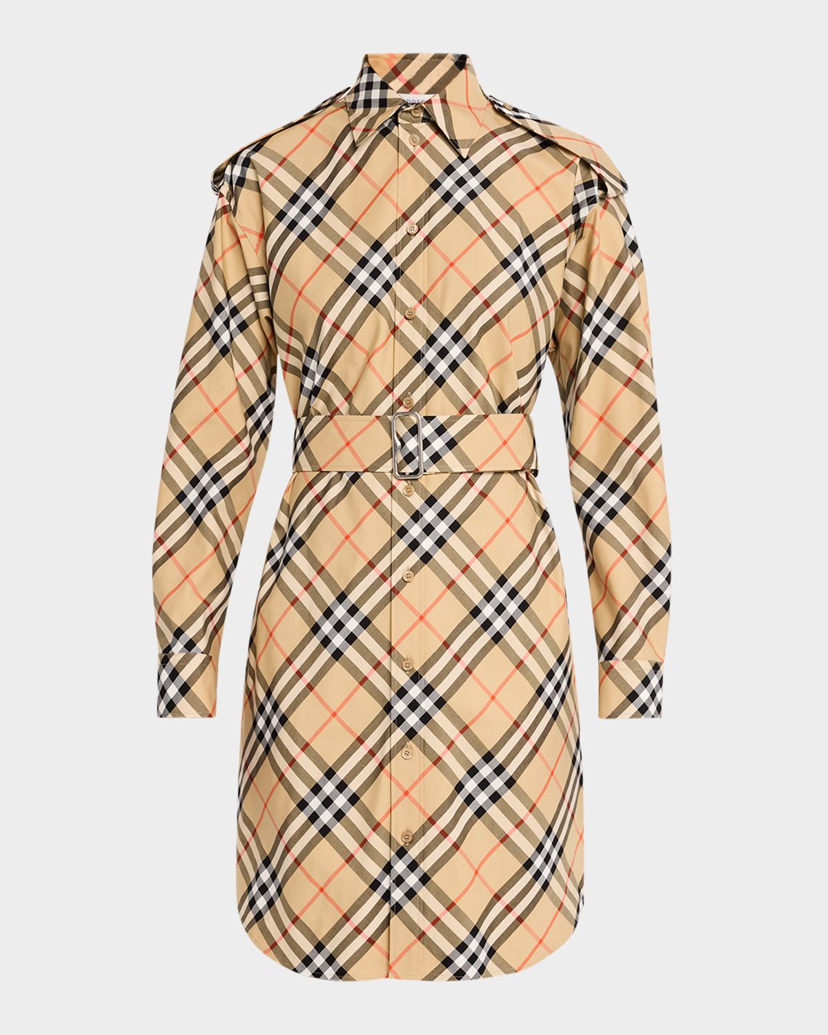 Burberry Check Belted Long-Sleeve Shirtdress