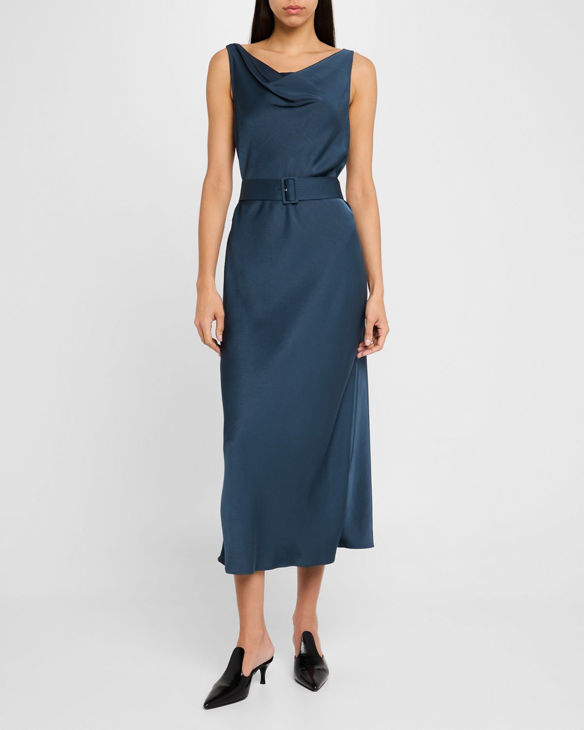 LAPOINTE Cowl-Neck Belted Satin Midi Dress