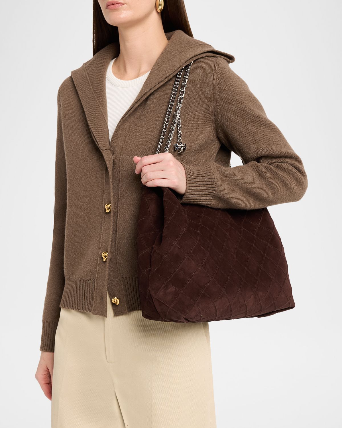 Tory Burch Fleming Quilted Suede Chain Hobo Bag