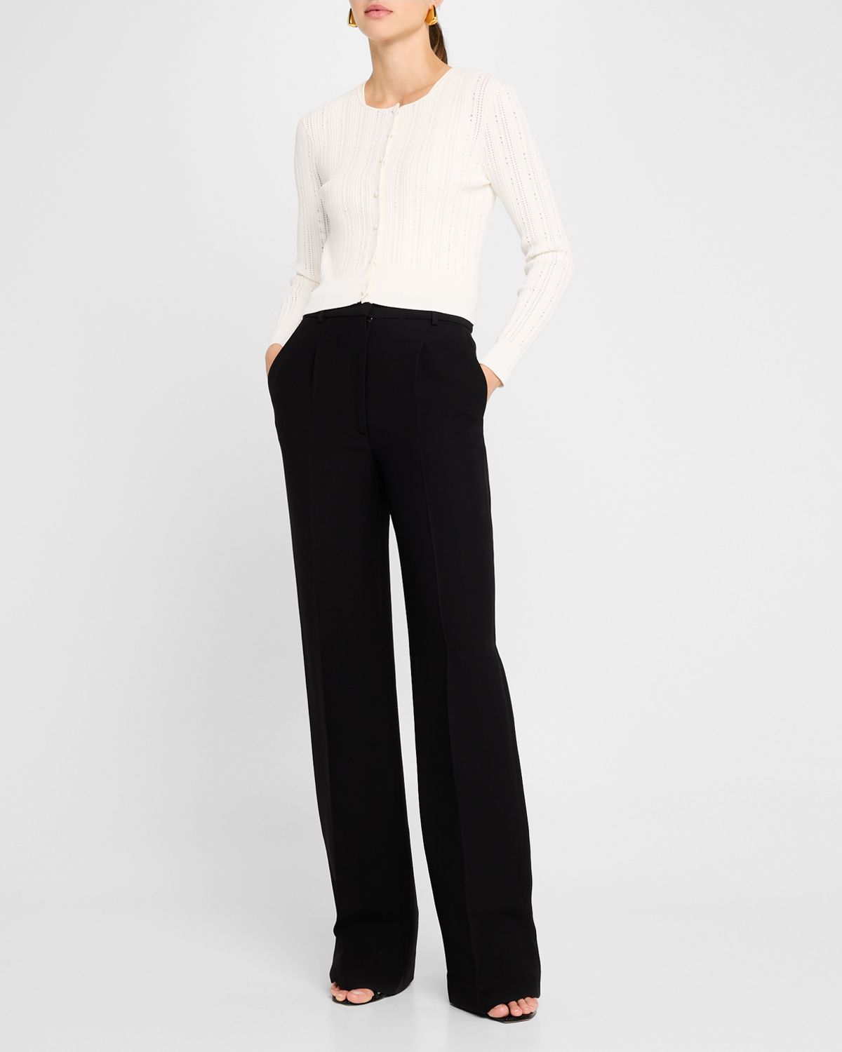 Adam Lippes Pointelle Compact Jacquard Crewneck Crop Cardigan