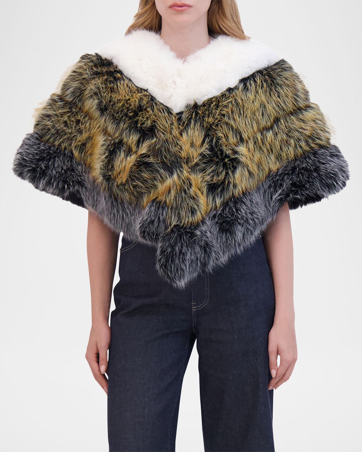 Theia Multicolor Chevron Fox-Like Faux Fur Cape