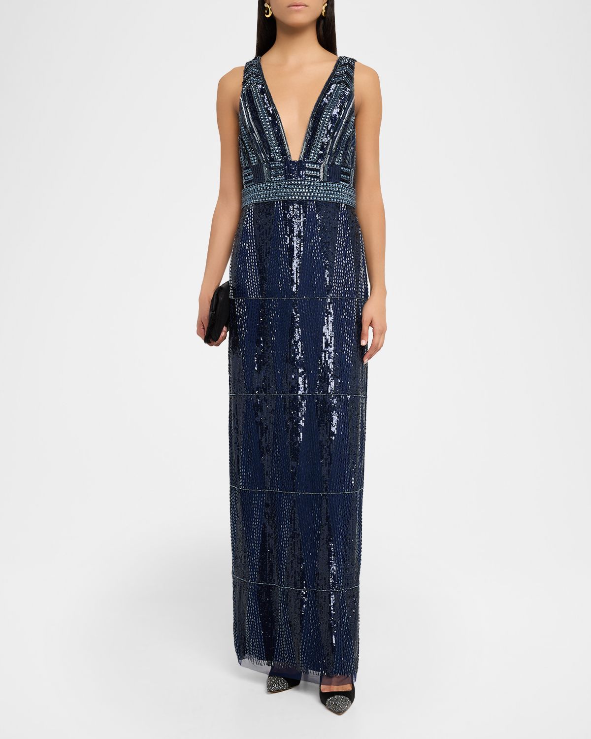 Aidan Mattox Beaded Deep V-Neck Column Gown
