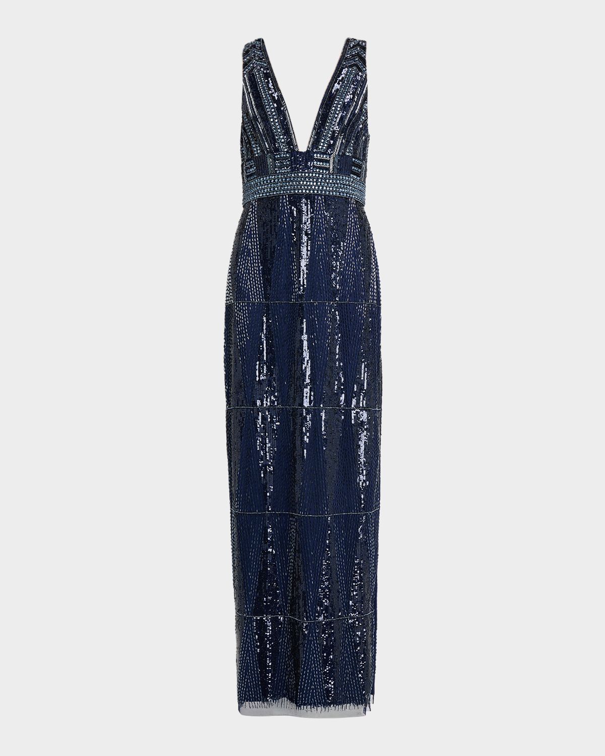 Aidan Mattox Beaded Deep V-Neck Column Gown