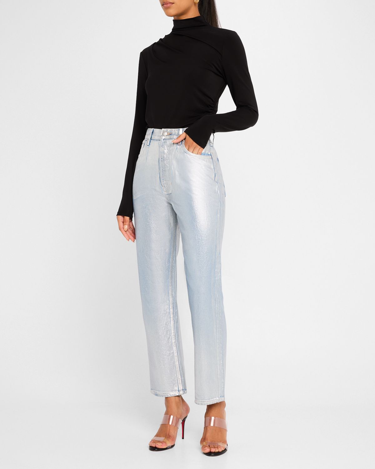 Veronica Beard Daniela High-Rise Ankle Straight Metallic Jeans