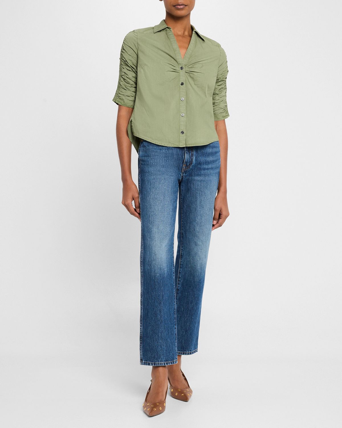 Veronica Beard Porta Ruched-Sleeve Button-Front Shirt