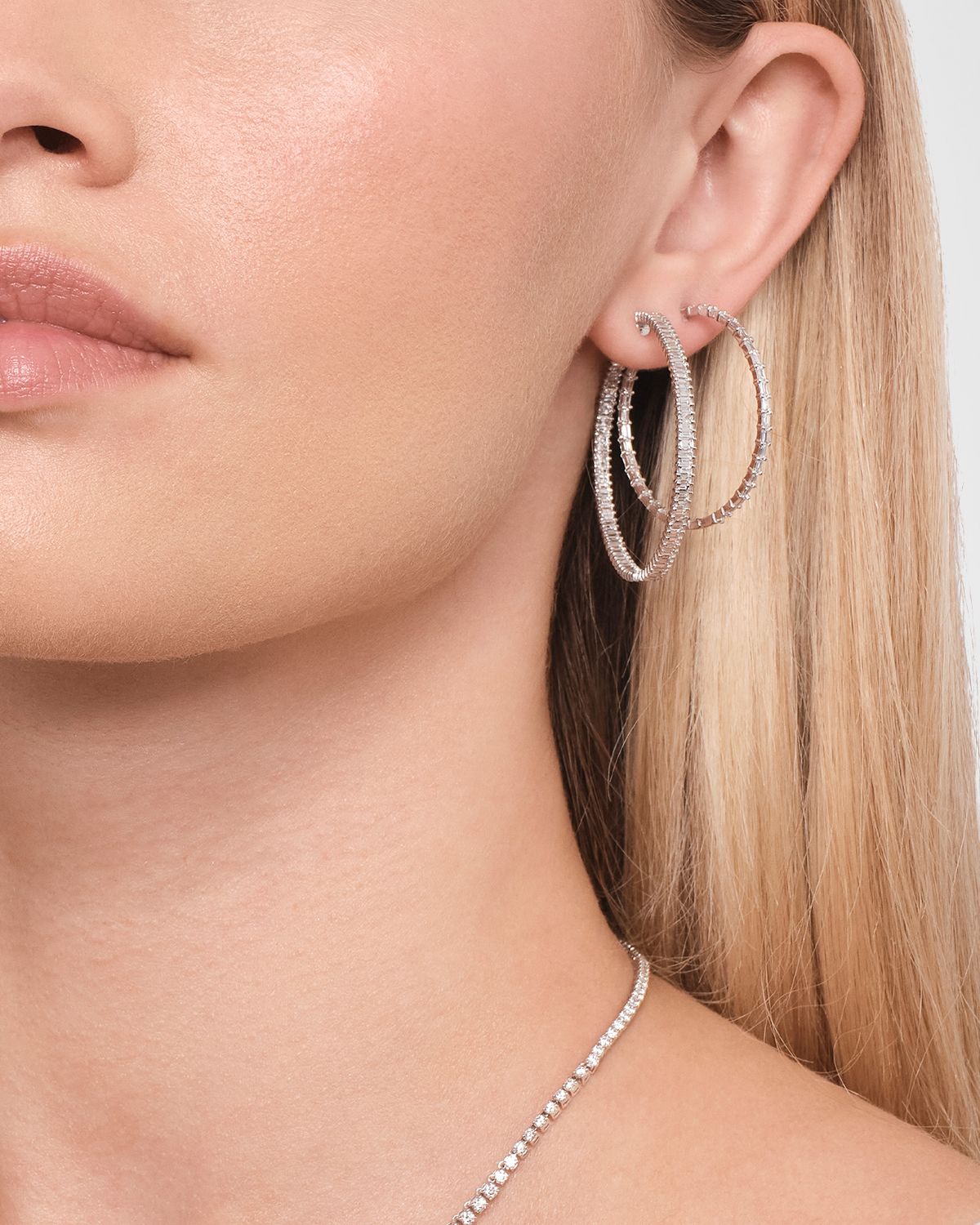 LANA Inside/Outside Baguette Diamond Hoop Earrings, 30mm