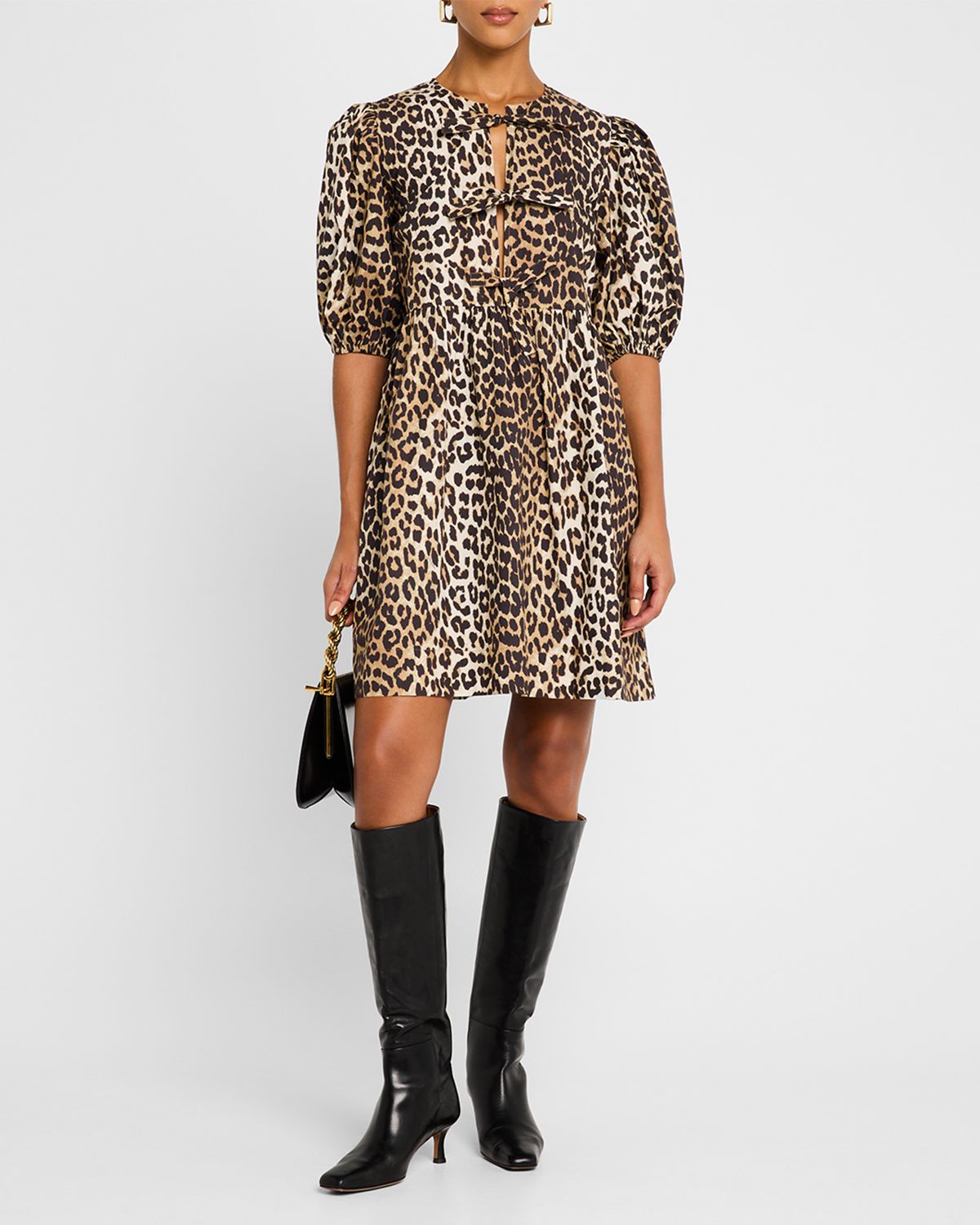 Ganni Leopard Tie-Front Puff-Sleeve Mini Dress