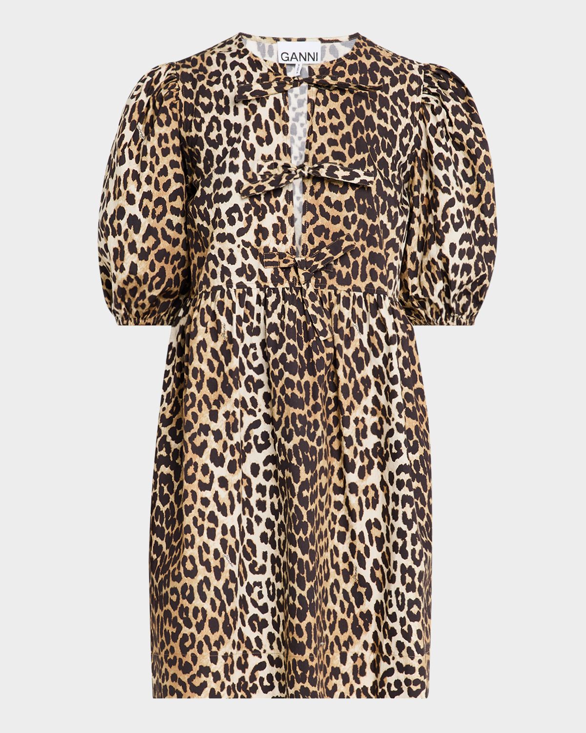 Ganni Leopard Tie-Front Puff-Sleeve Mini Dress