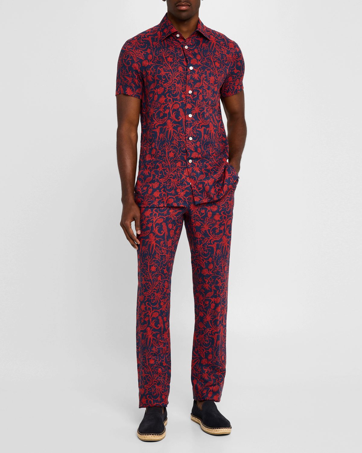 Kiton Men's Linen Coral-Print Stretch Pants