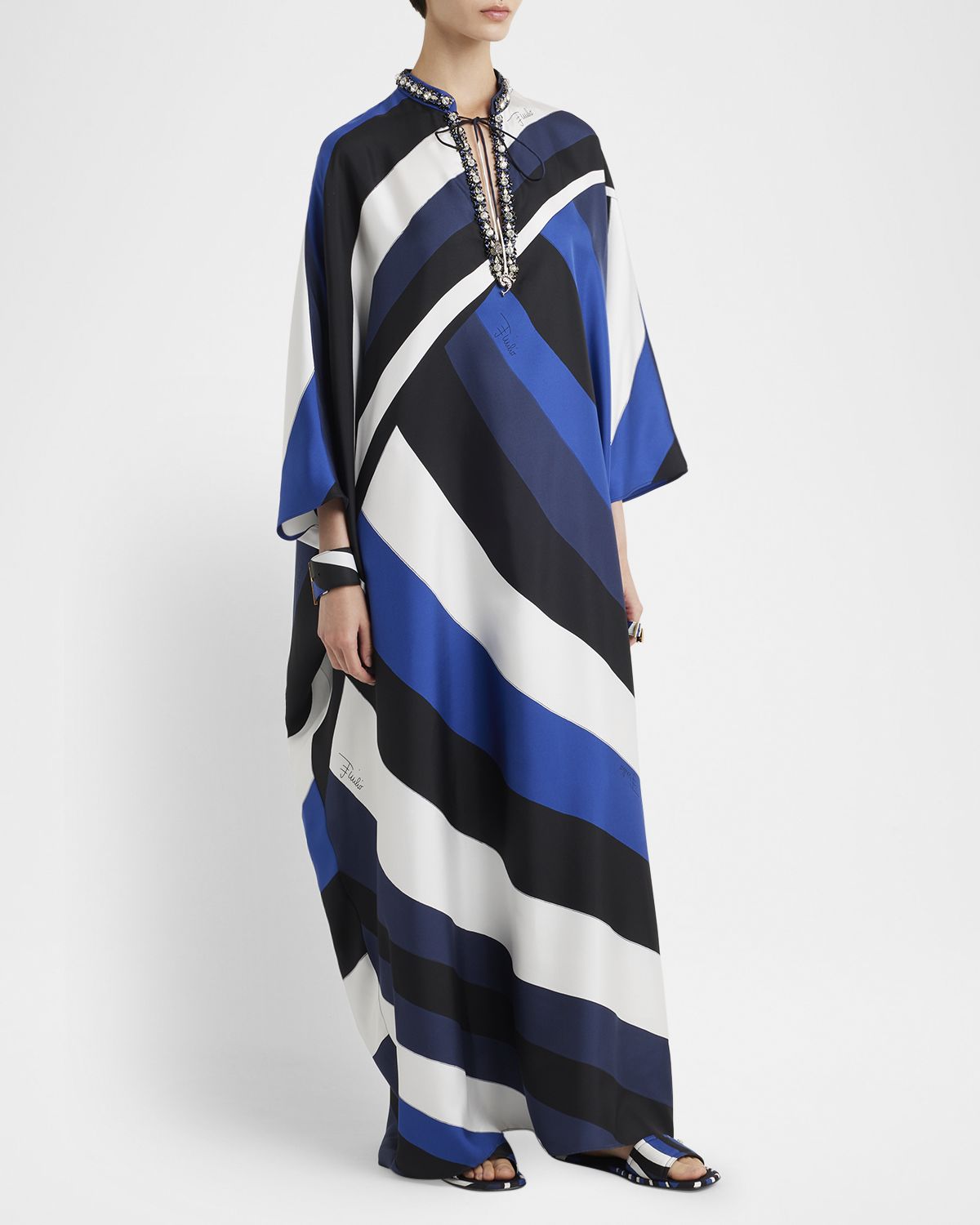 Pucci Iride-Print Crystal Neck-Tie Silk Twill Maxi Kaftan Dress