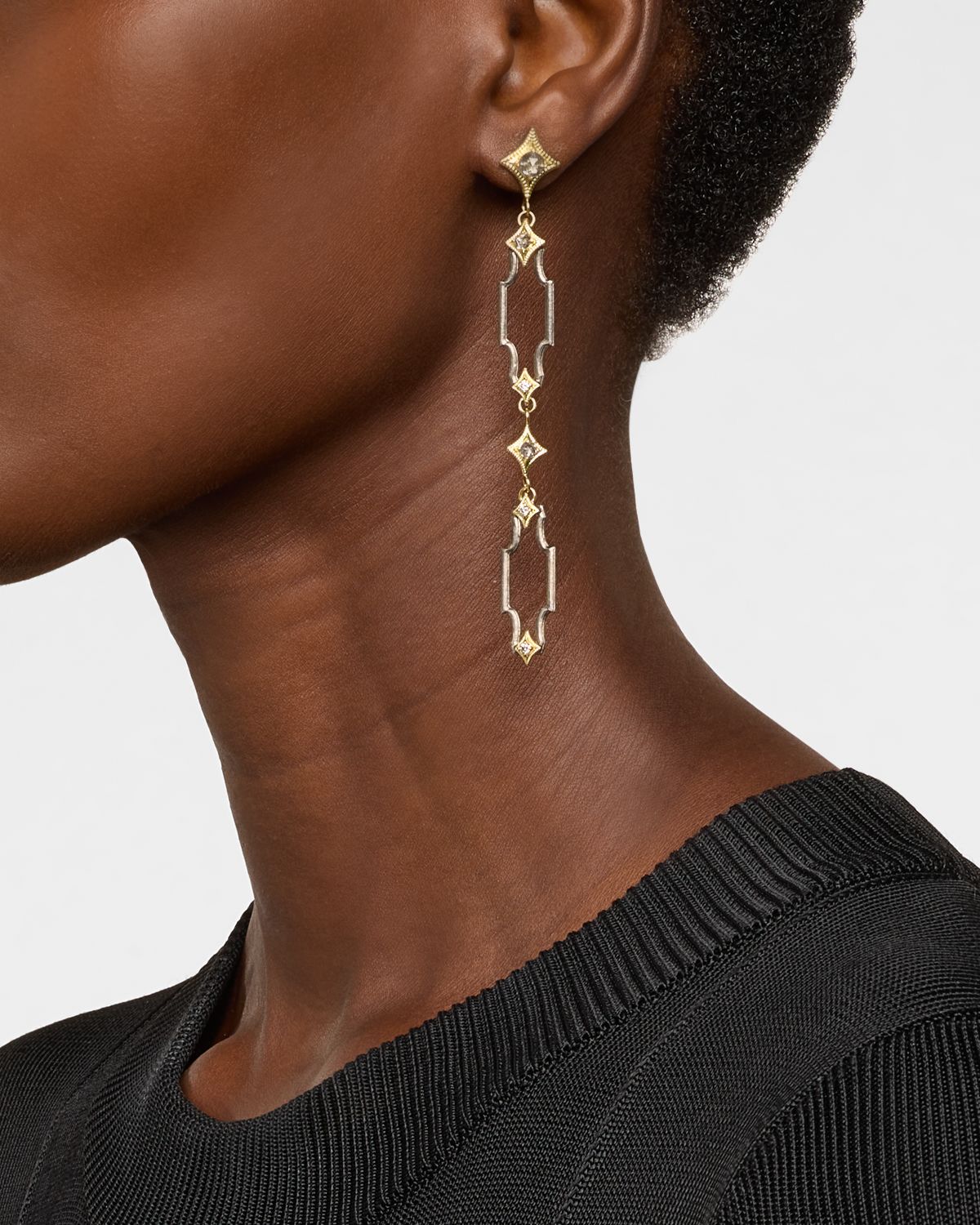 Armenta 18K Yellow Gold and Antiqued Silver Diamond Open Scroll Drop Earrings