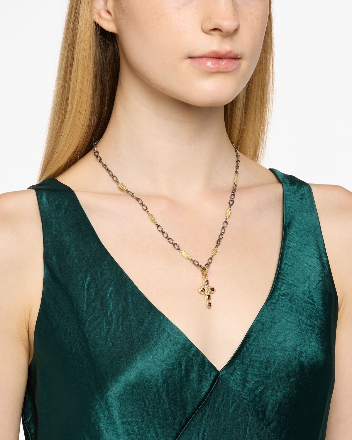 Armenta Yellow Gold Cross Enhancer with Garnets