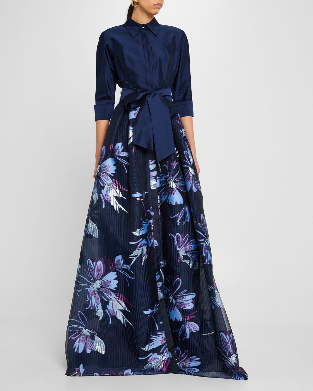 Rickie Freeman for Teri Jon Taffeta & Floral Jacquard Organza Shirt Gown