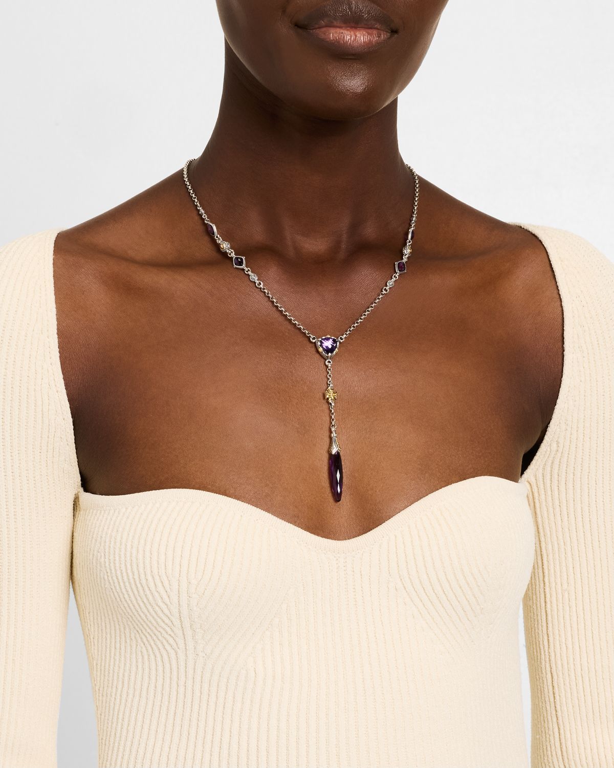 Konstantino Anthos Cross and Dagger Drop Dark Amethyst Quartz Necklace