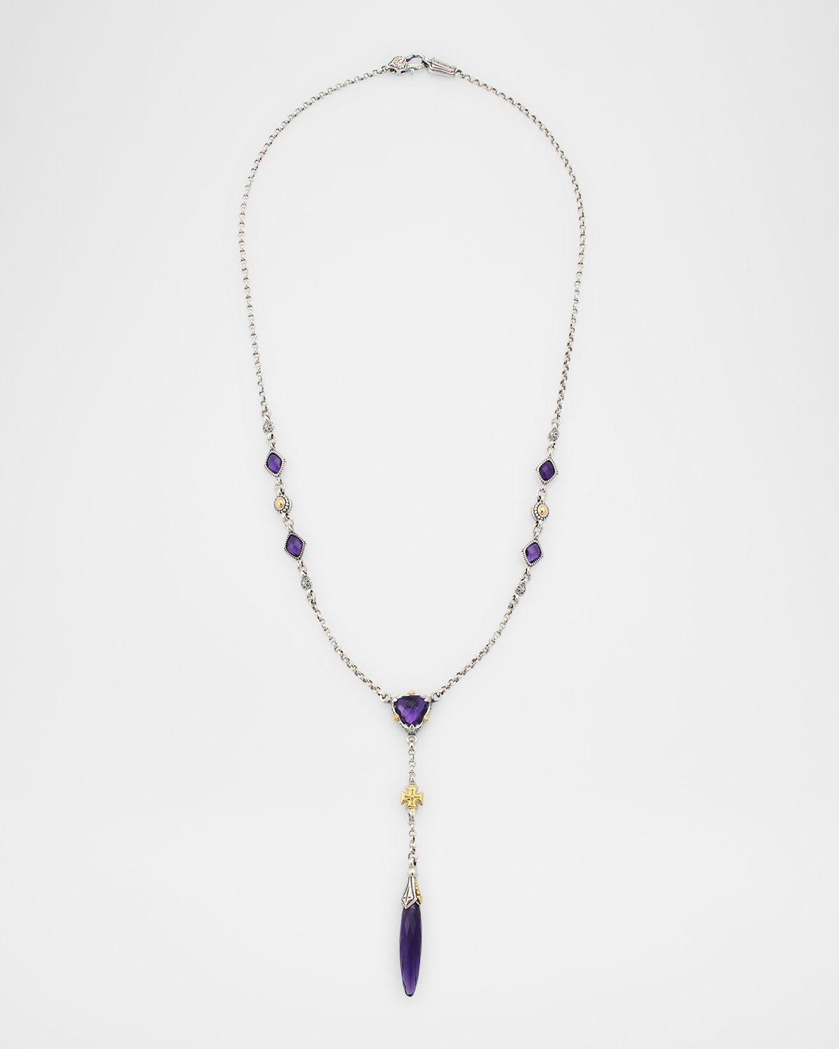 Konstantino Anthos Cross and Dagger Drop Dark Amethyst Quartz Necklace