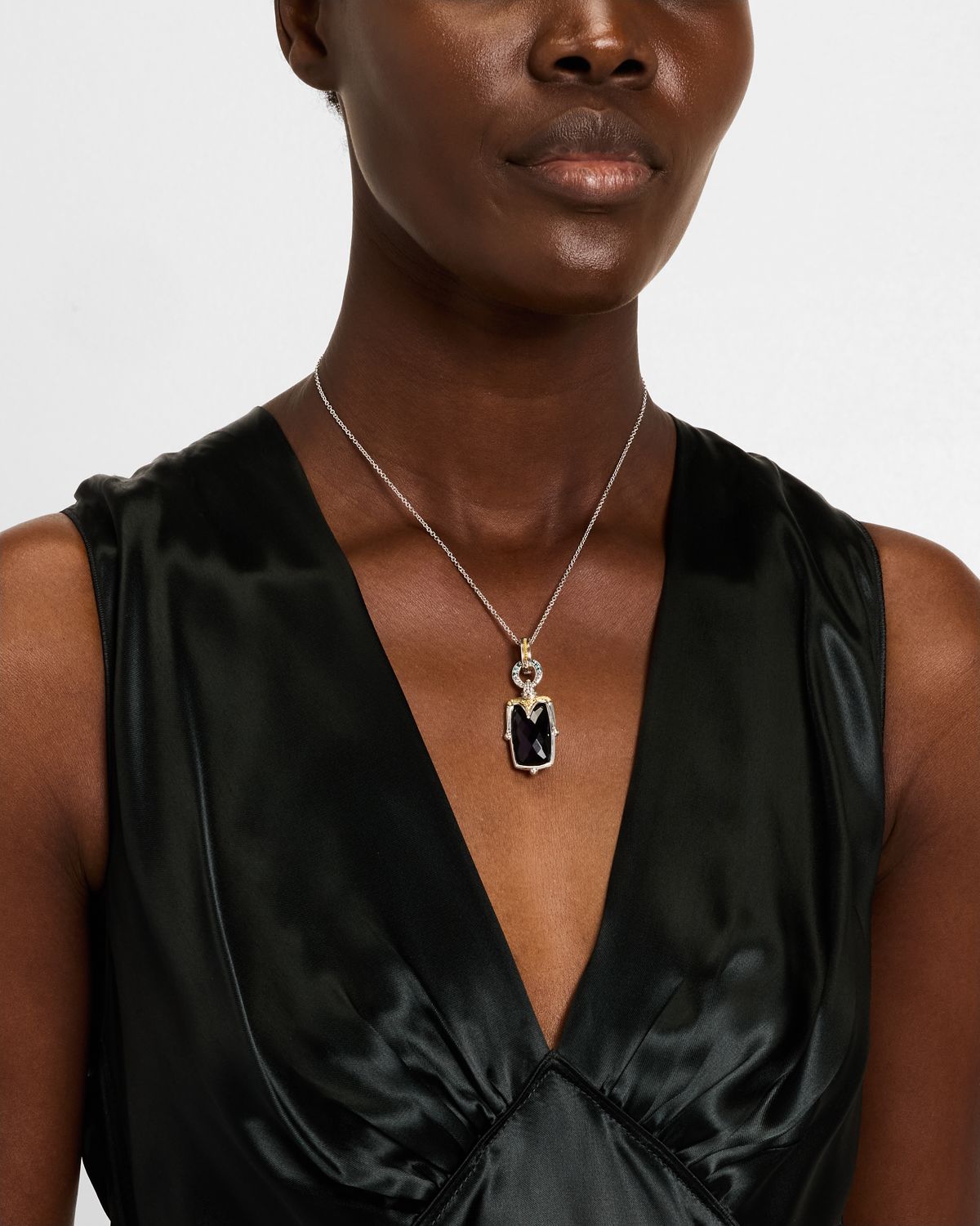 Konstantino Sterling Silver and 18K Yellow Gold Pendant with Blue Diamonds and Dark Amethyst Quartz