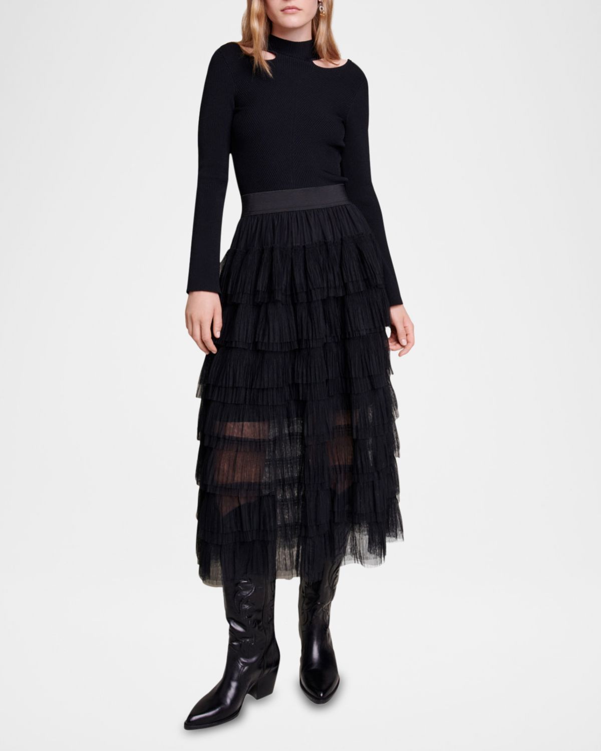 Maje Josepha Layered Tulle Midi Skirt
