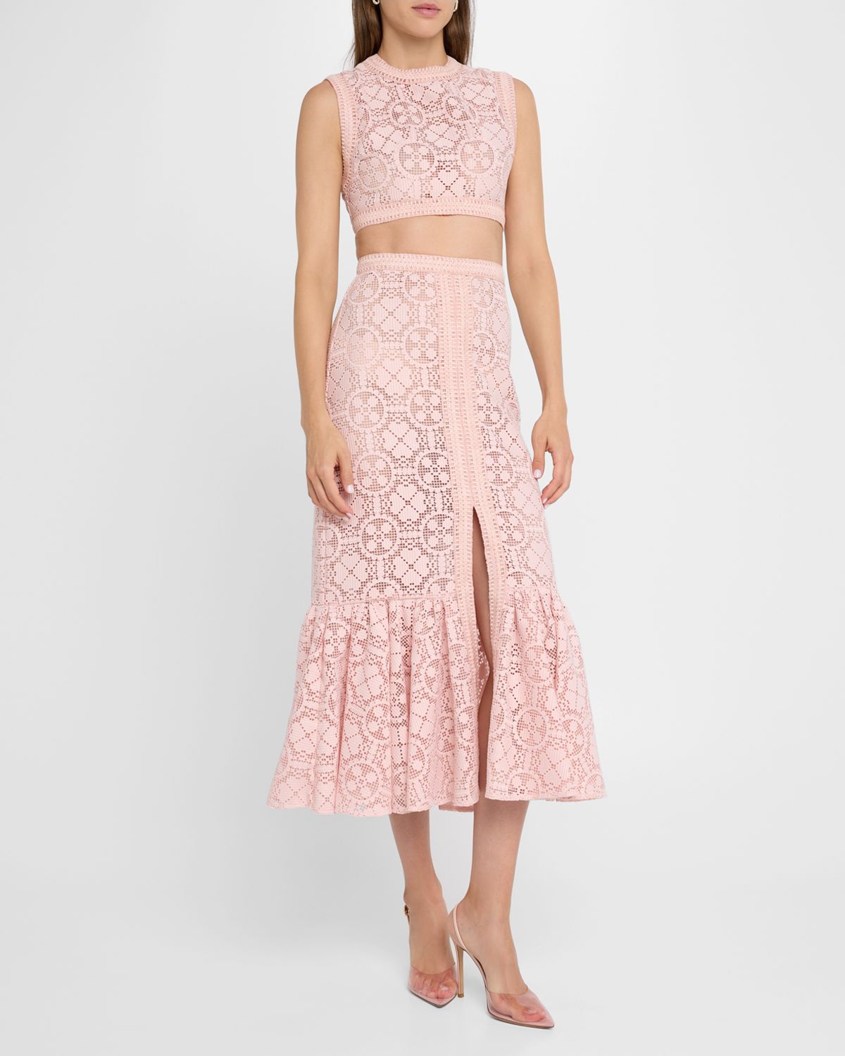 Giambattista Valli Lace Slit Ruffle Midi Skirt