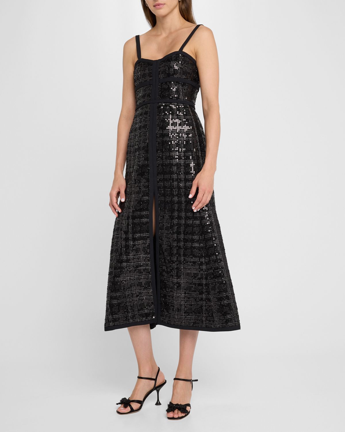 Giambattista Valli Check Sequin Tweed Sleeveless Midi Dress