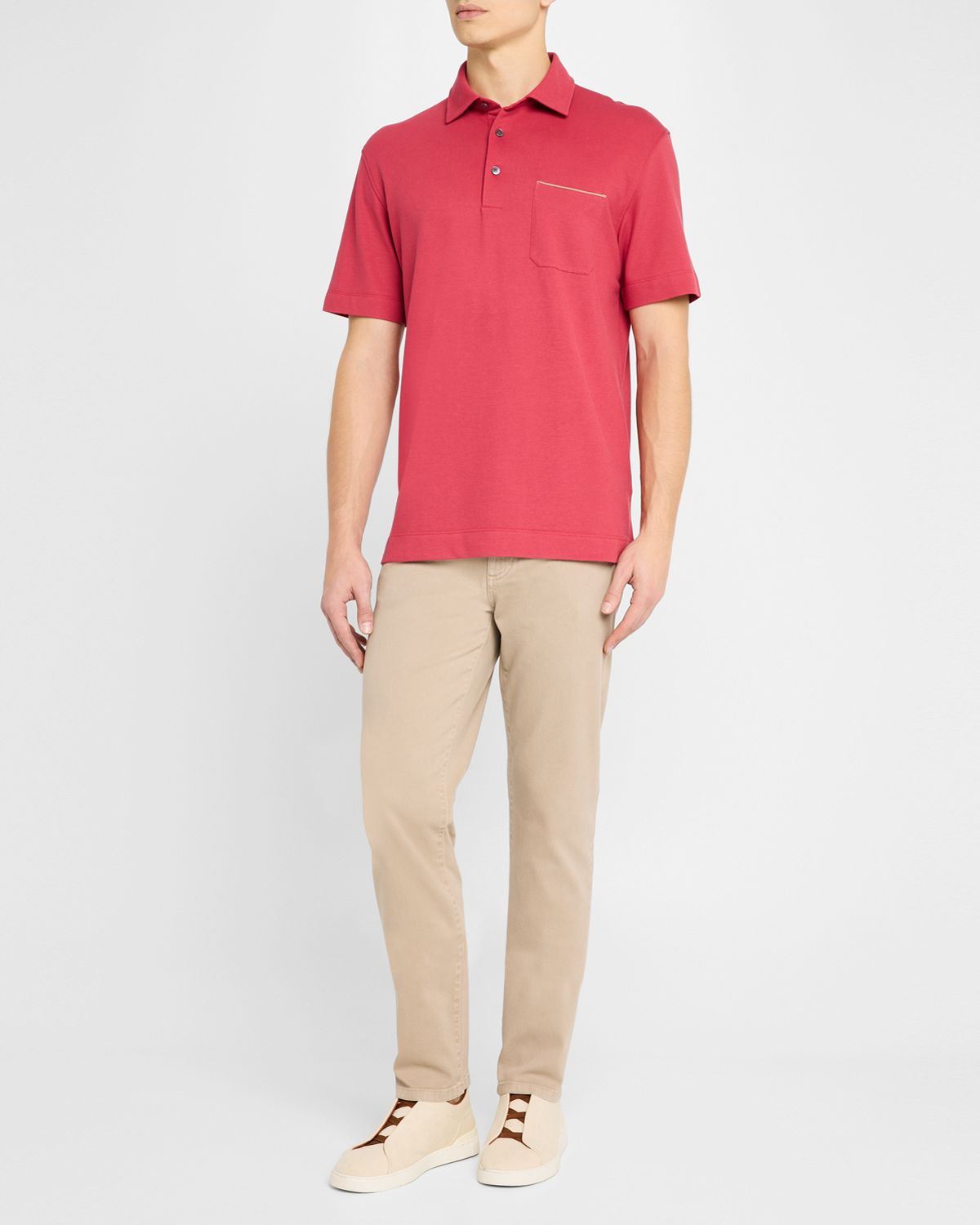 ZEGNA Men 's Pique Polo Shirt with Leather-Trim Pocket
