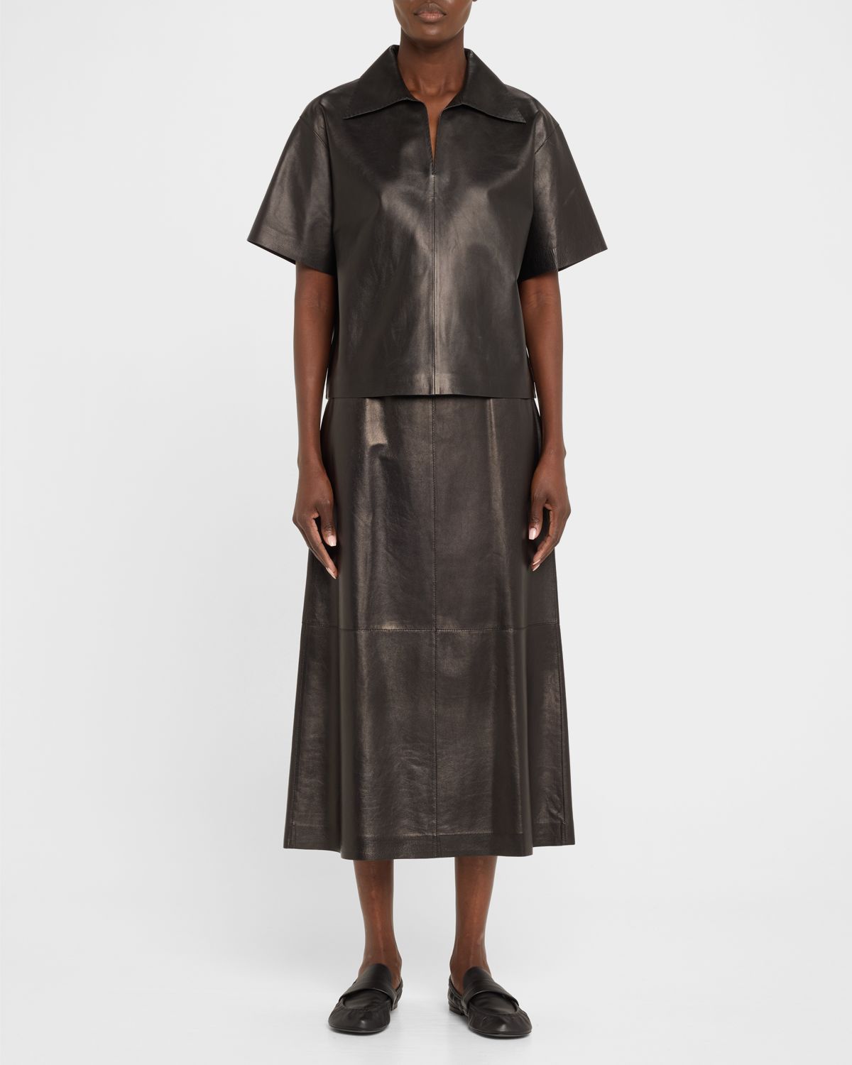Lafayette 148 New York A-Line Leather Midi Skirt
