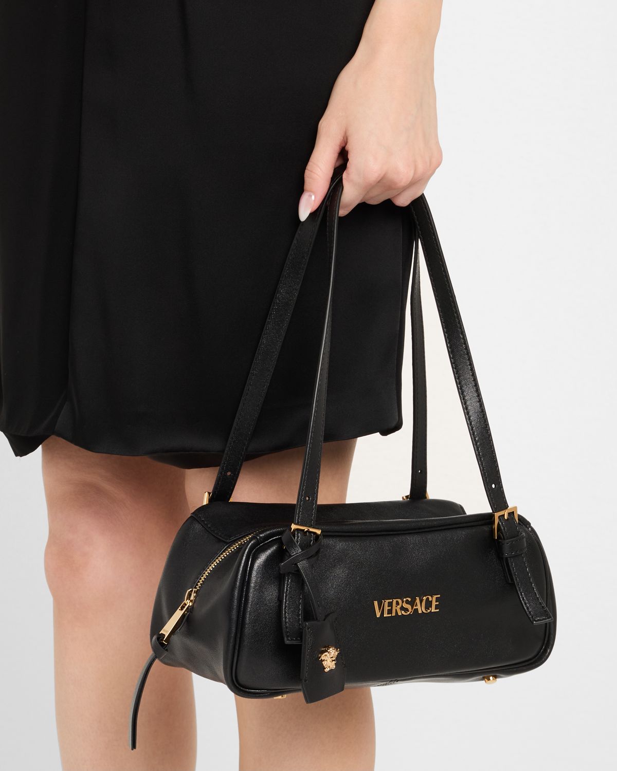 Versace Tag Zip Leather Shoulder Bag
