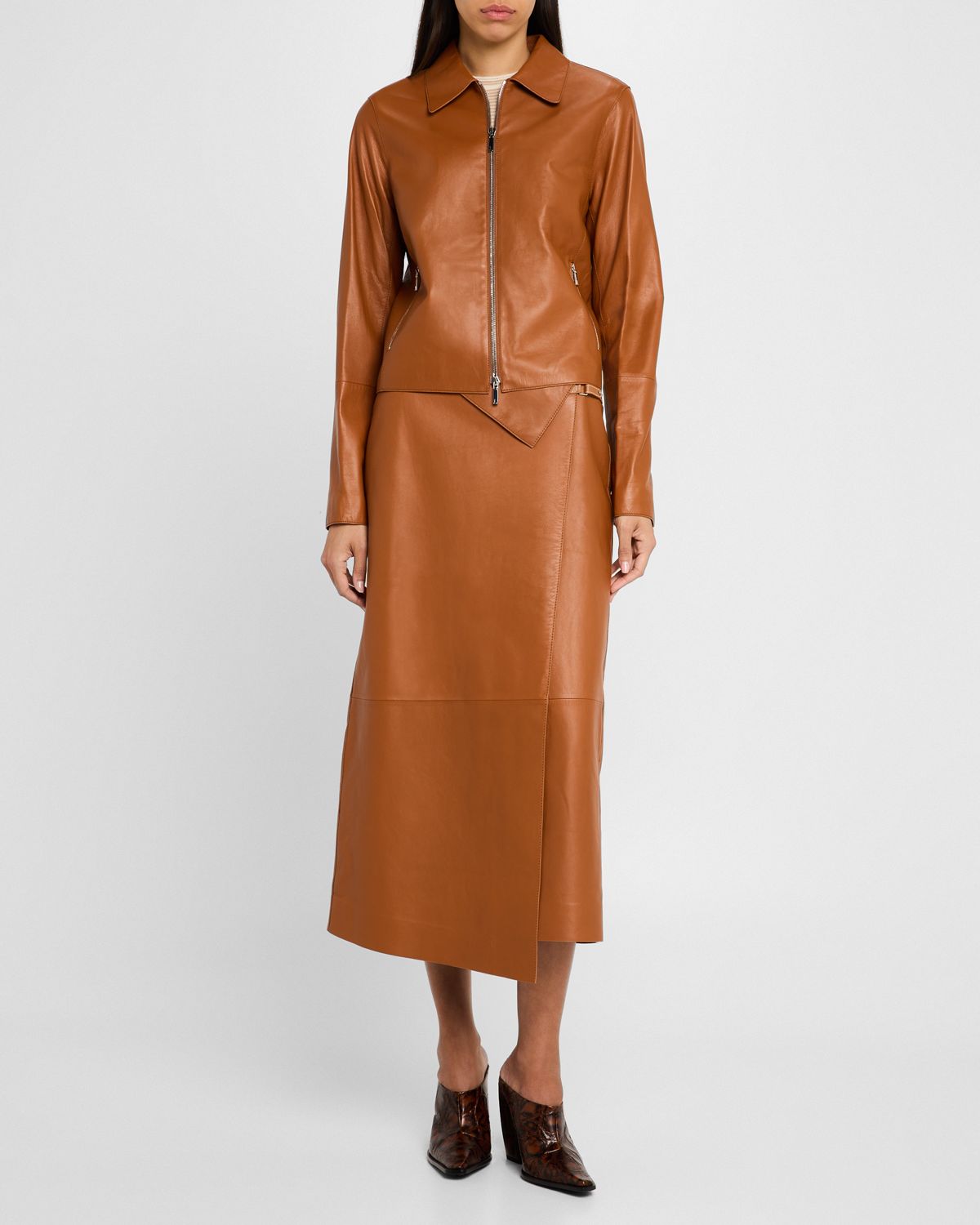 Lafayette 148 New York A-Line Faux Wrap Leather Midi Skirt