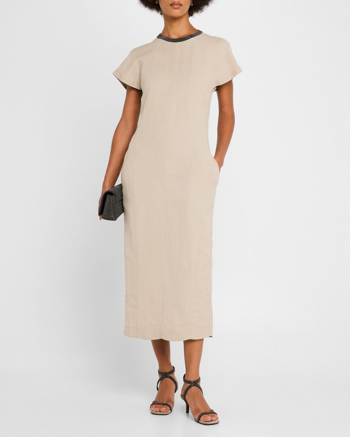 Brunello Cucinelli Monili Collar Linen Midi Dress