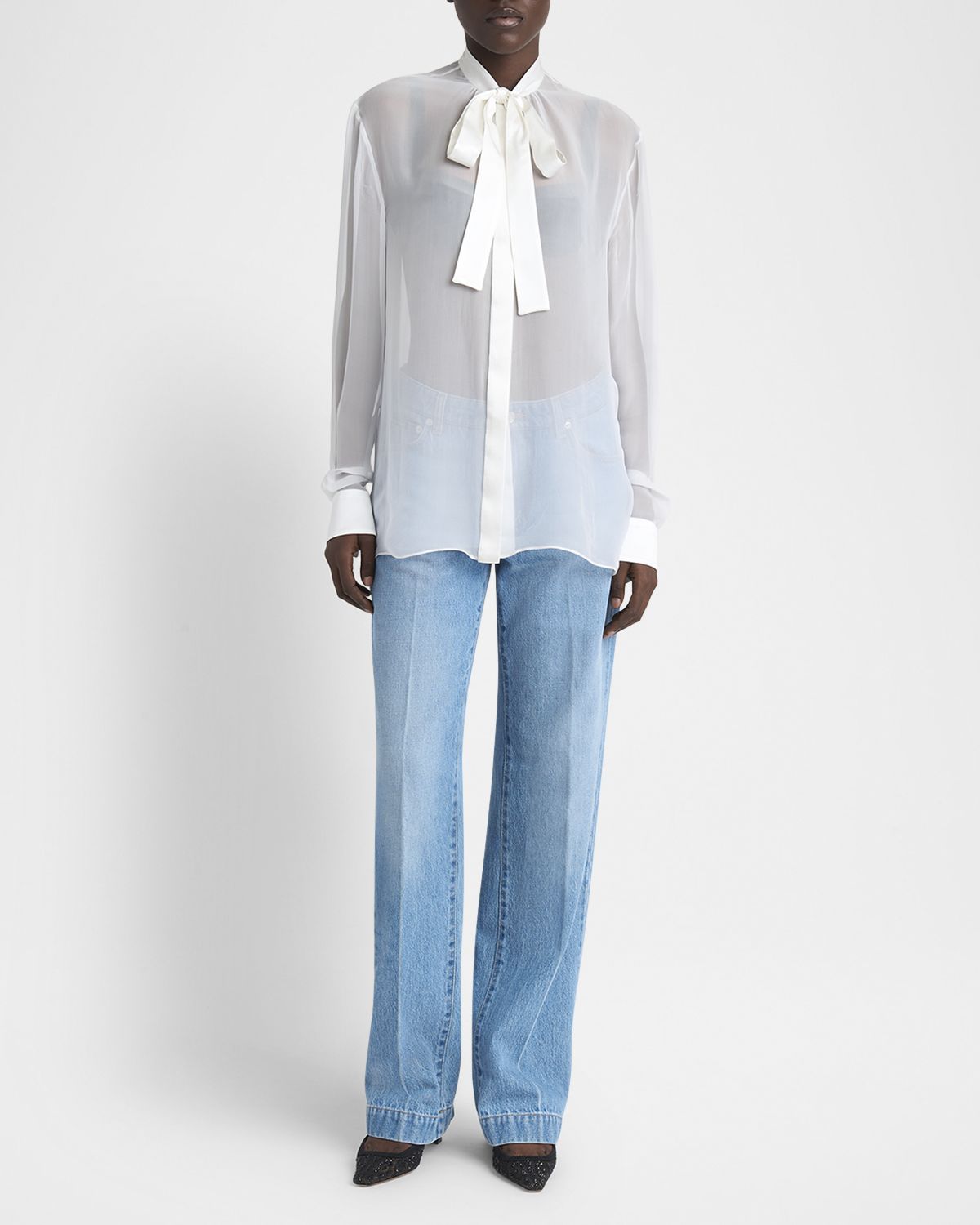 Dolce & Gabbana Chiffon Button Down Neck-Tie Blouse