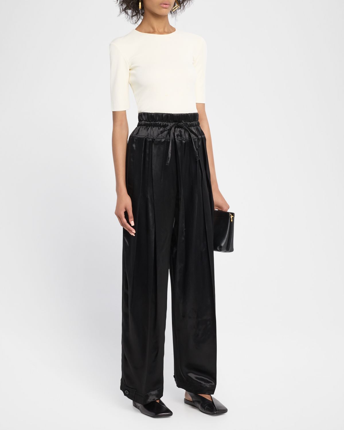 Jil Sander Pleated Satin Wide-Leg Drawstring Trousers