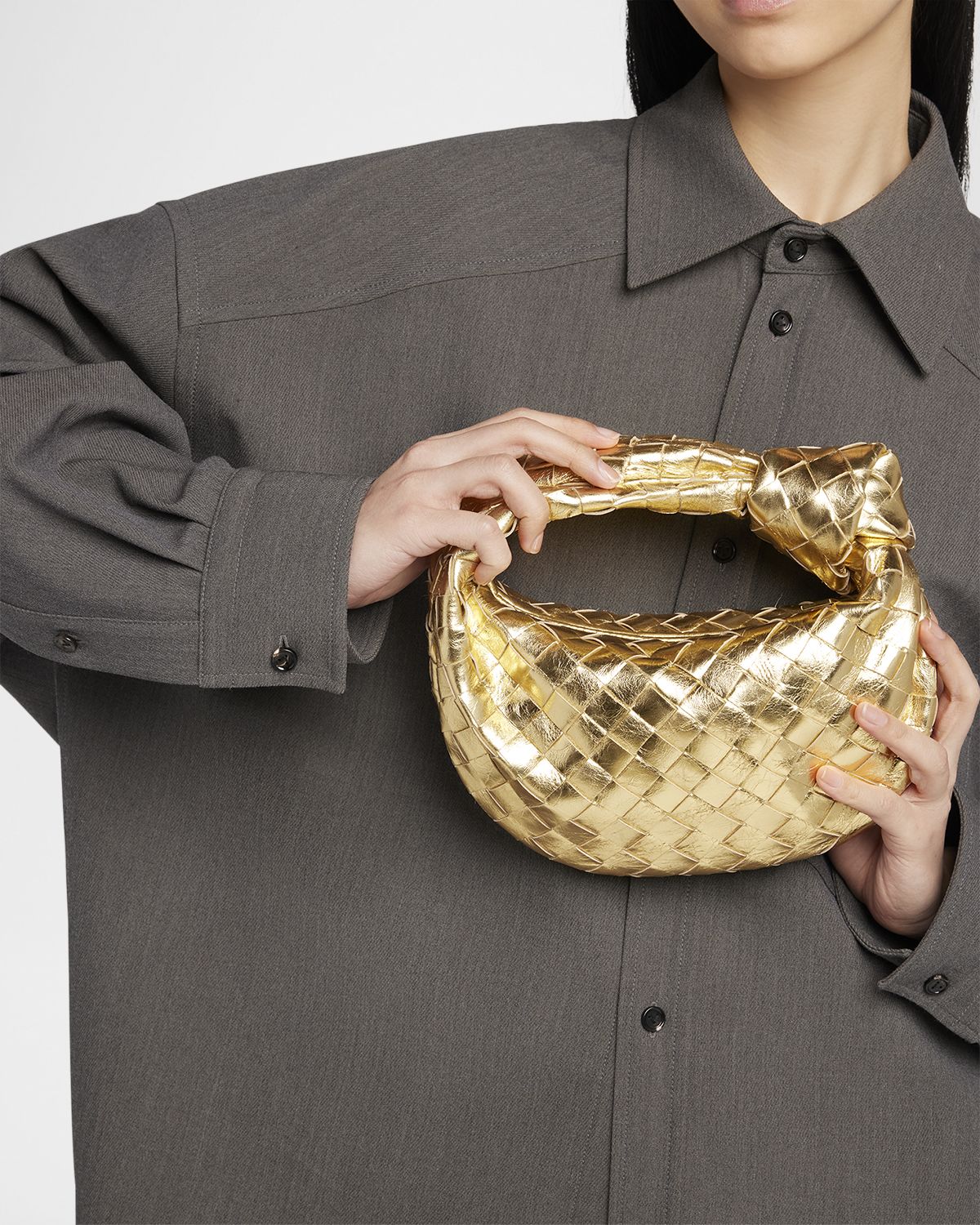 Bottega Veneta Mini Jodie Metallic Leather Top-Handle Bag