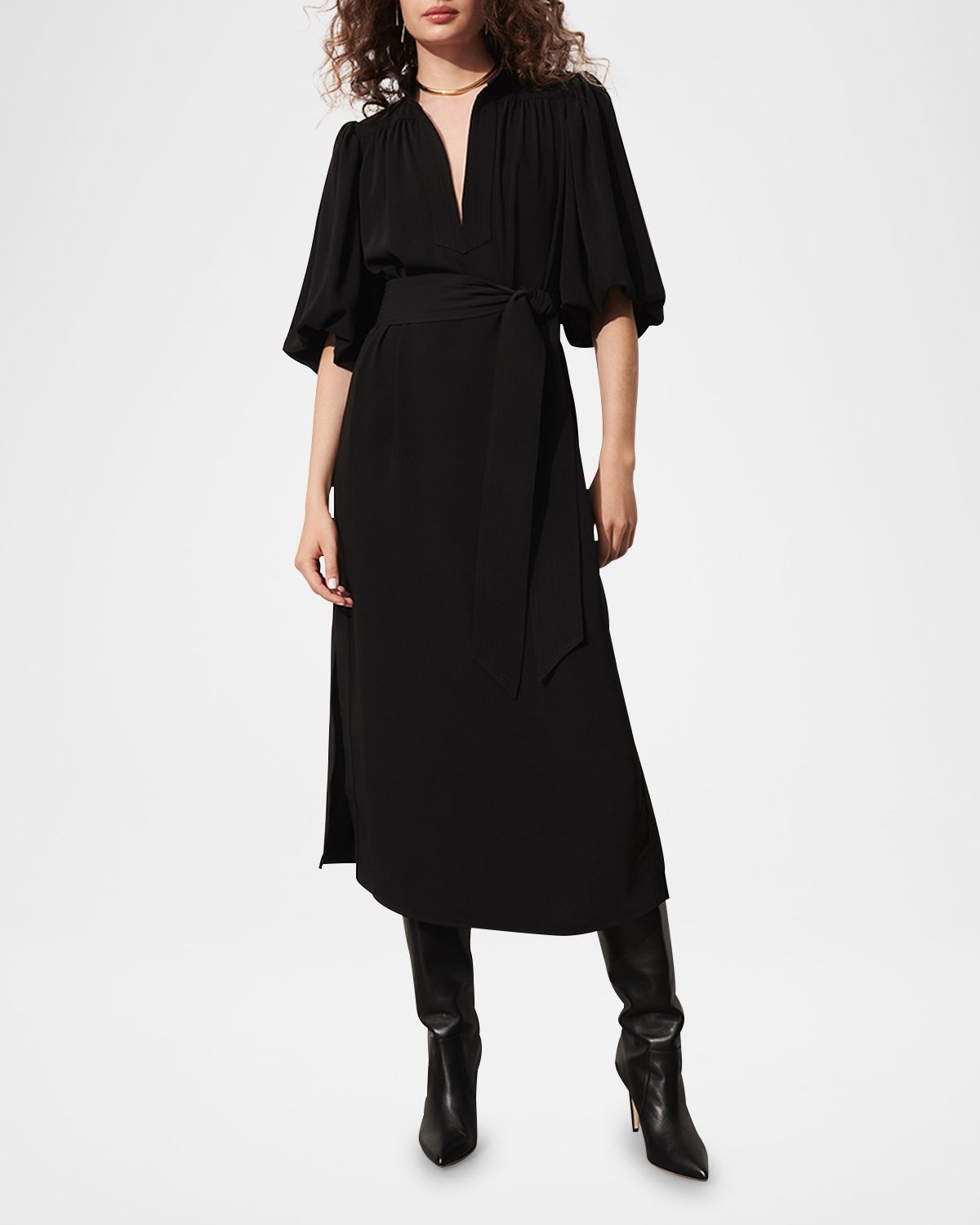 Figue Dani Puff-Sleeve Belted Midi Dress