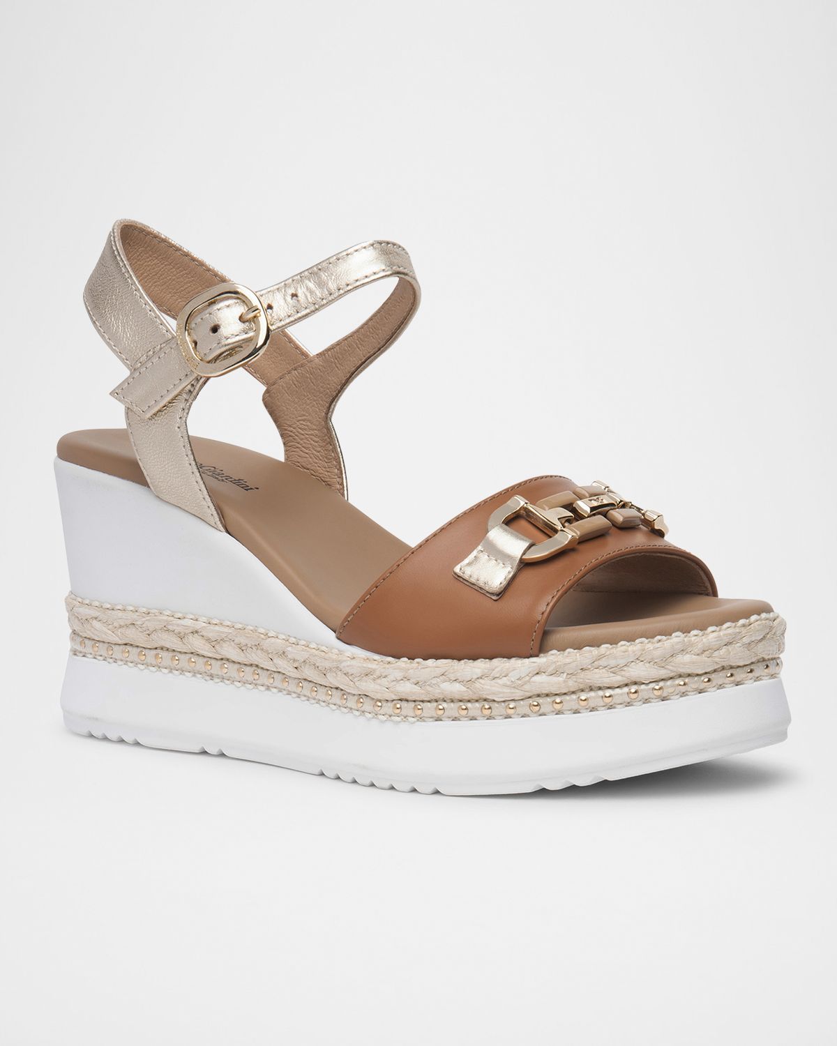 NeroGiardini Leather Horsebit Roped Platform Wedge Sandals