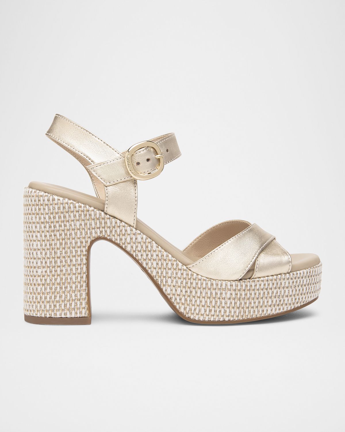 NeroGiardini Metallic Leather Criss-Cross Strap Woven Platform Sandals