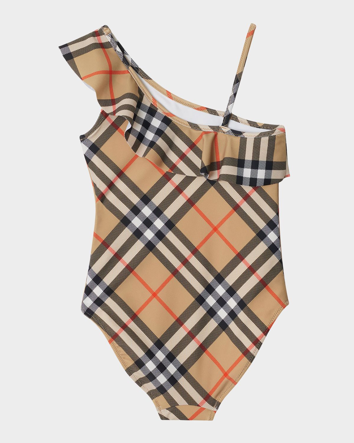 Burberry Girl 's Fern Ruffled One-Shoulder Check One-Piece Swimsuit, Size 3-14