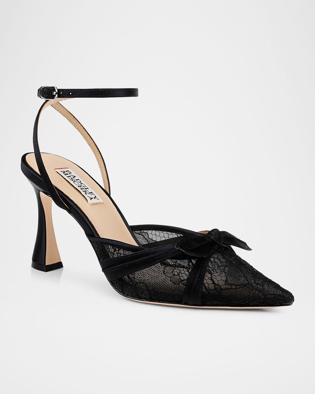 Badgley Mischka Josie Silk Lace Bow Ankle-Strap Pumps