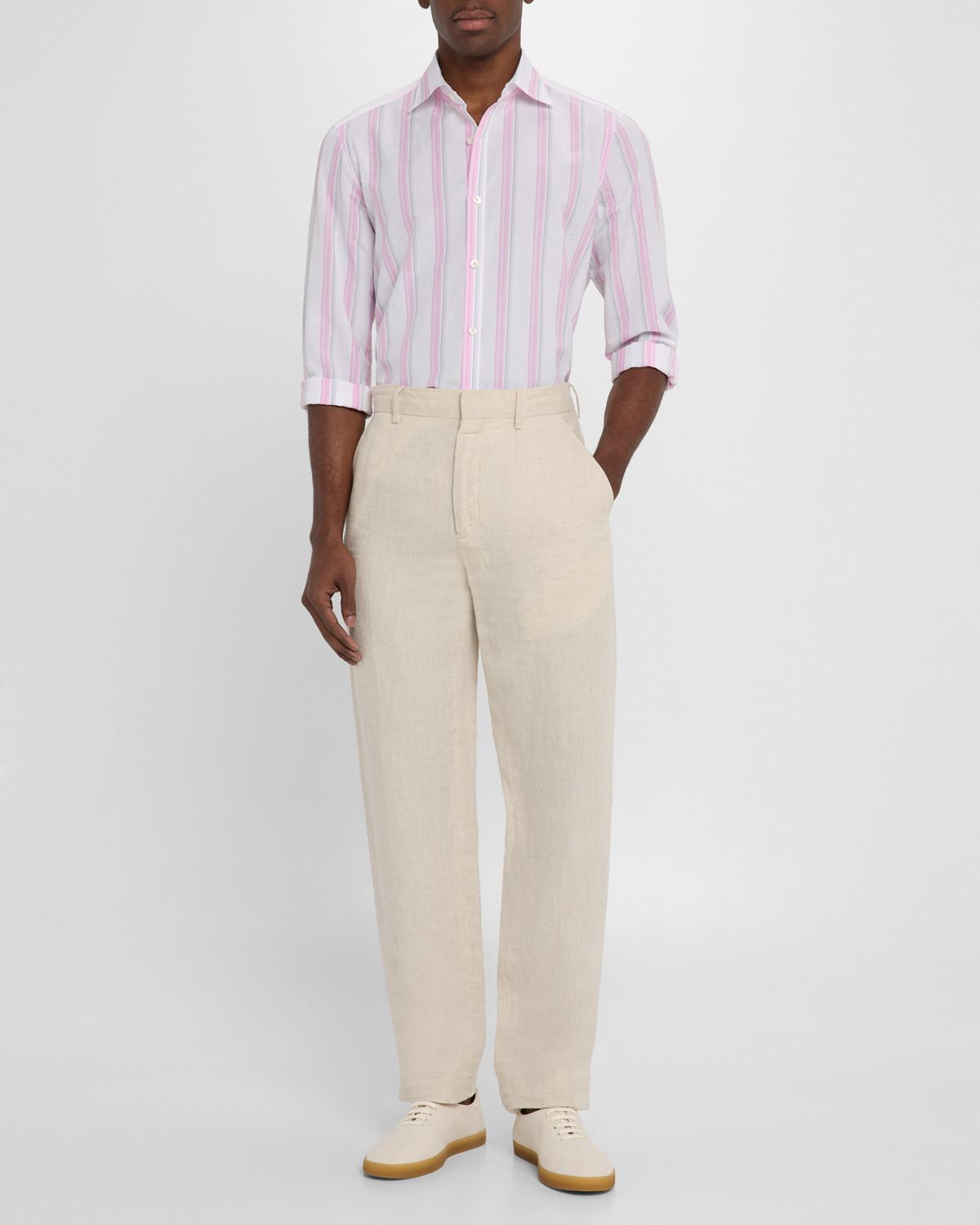 Isaia Men 's Cotton and Linen Stripe Casual Button-Down Shirt