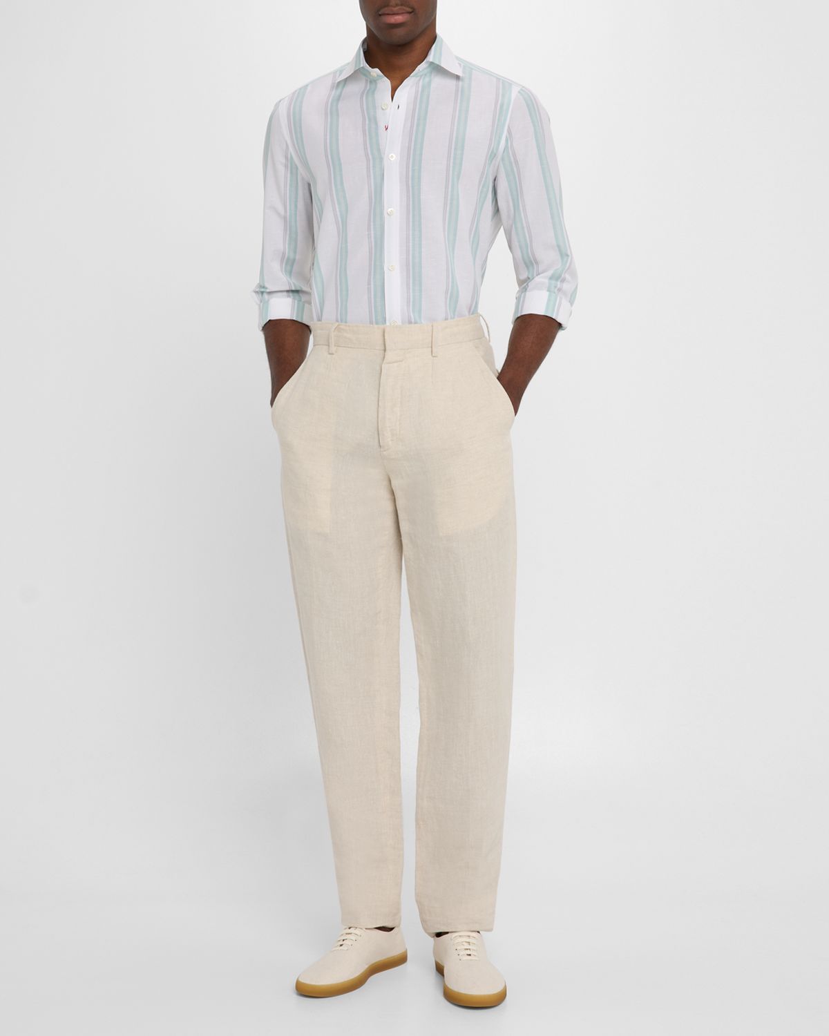 Isaia Men 's Cotton and Linen Stripe Casual Button-Down Shirt