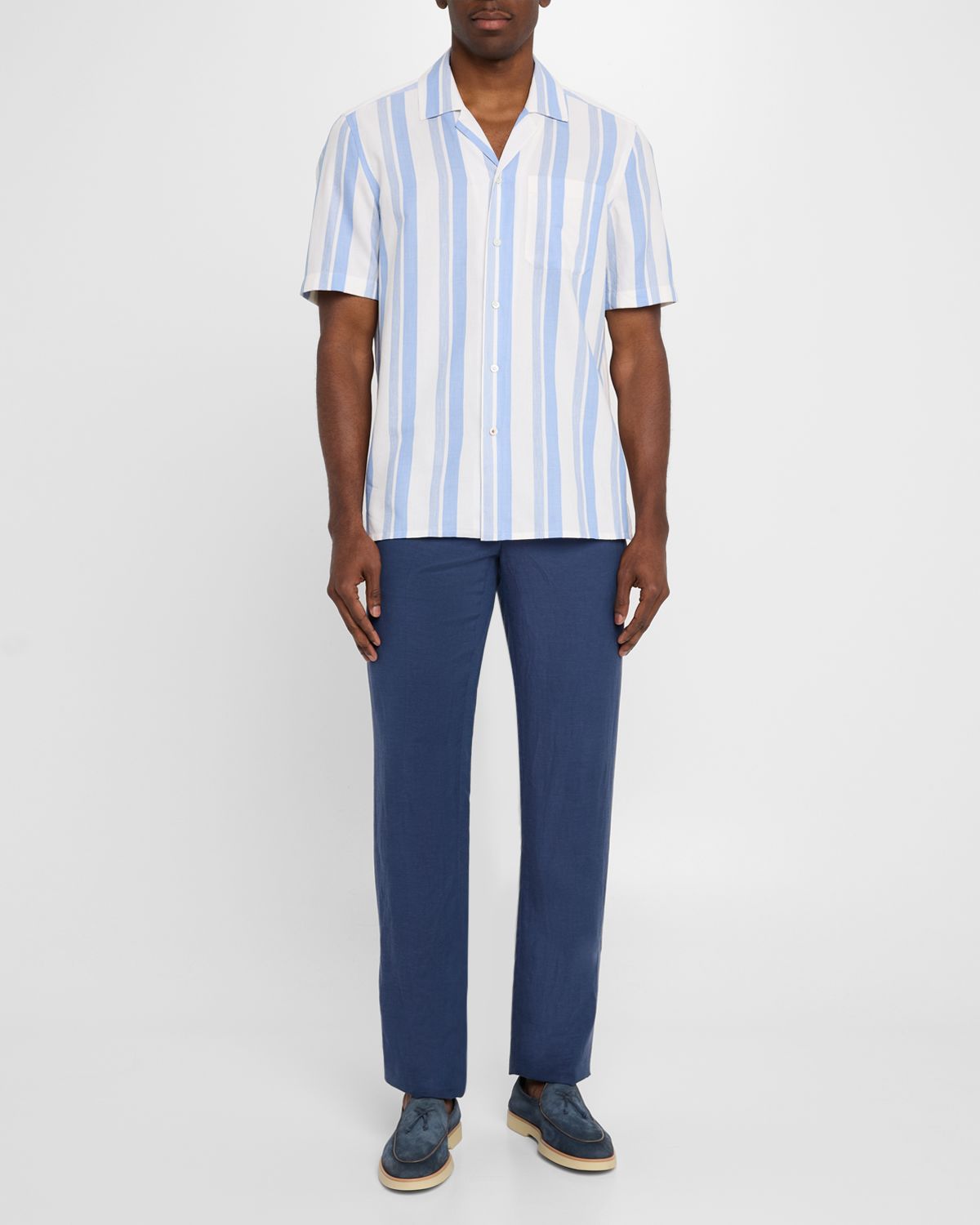 Isaia Men 's Cotton and Silk Awning Stripe Camp Shirt