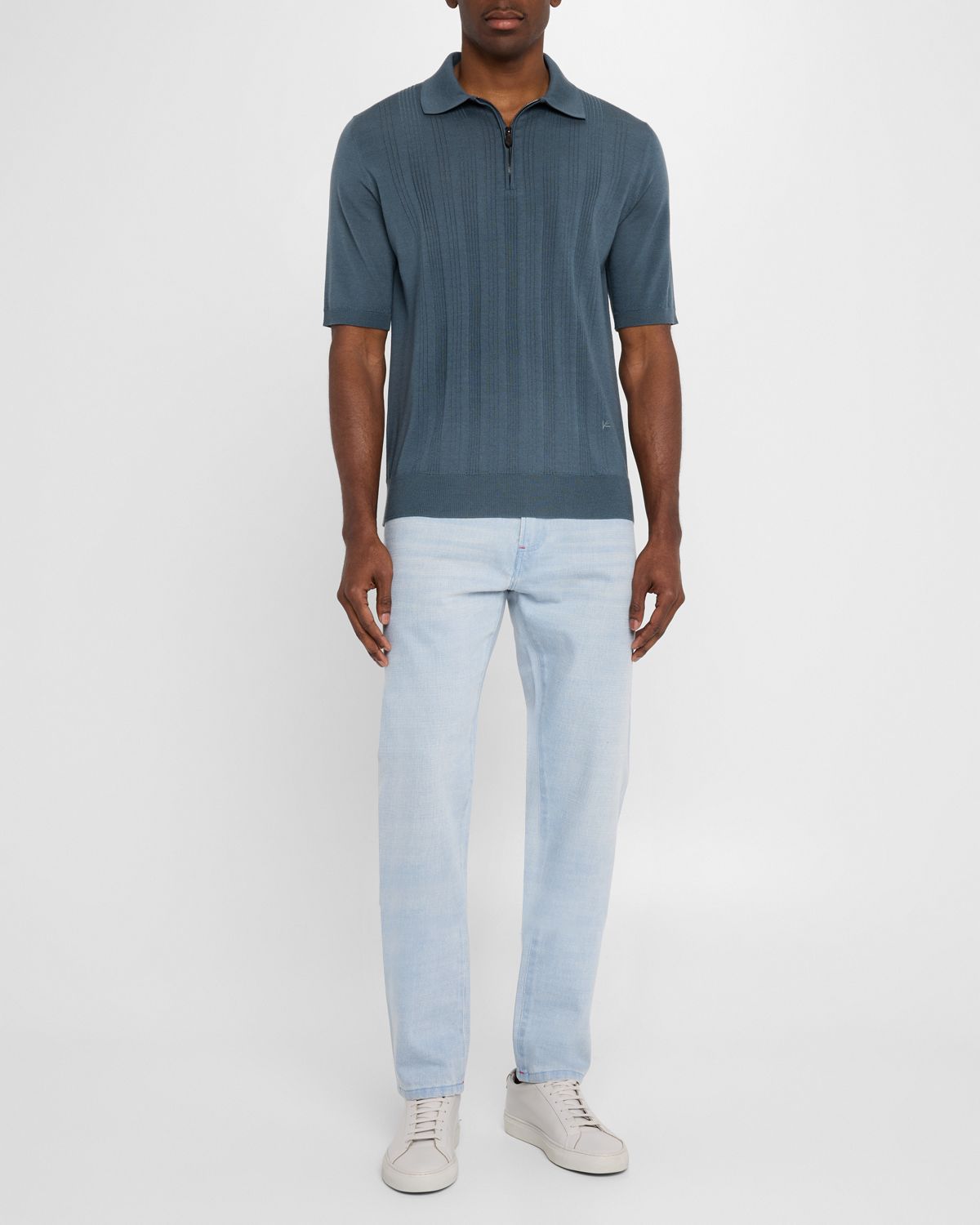 Isaia Men 's Stripe Knit Short-Sleeve Polo Sweater