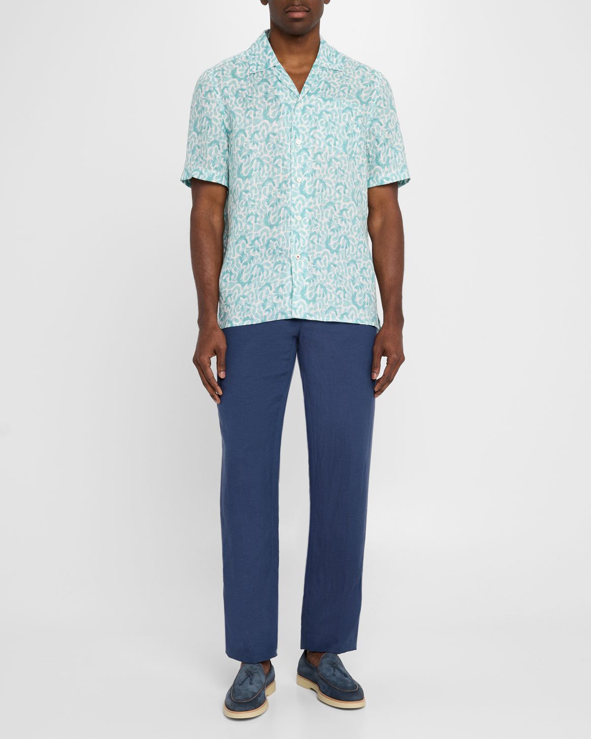 Isaia Men 's Linen Coral-Print Camp Shirt