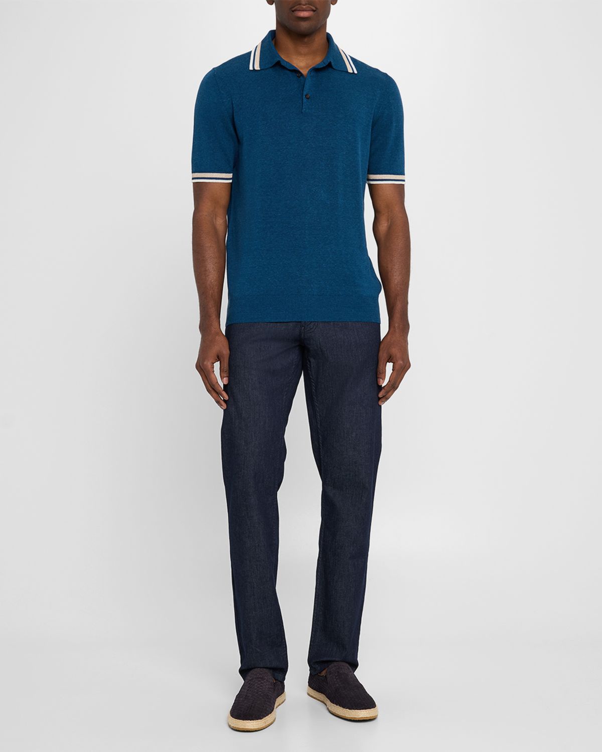 Isaia Men 's Silk and Linen Tipped Polo Sweater