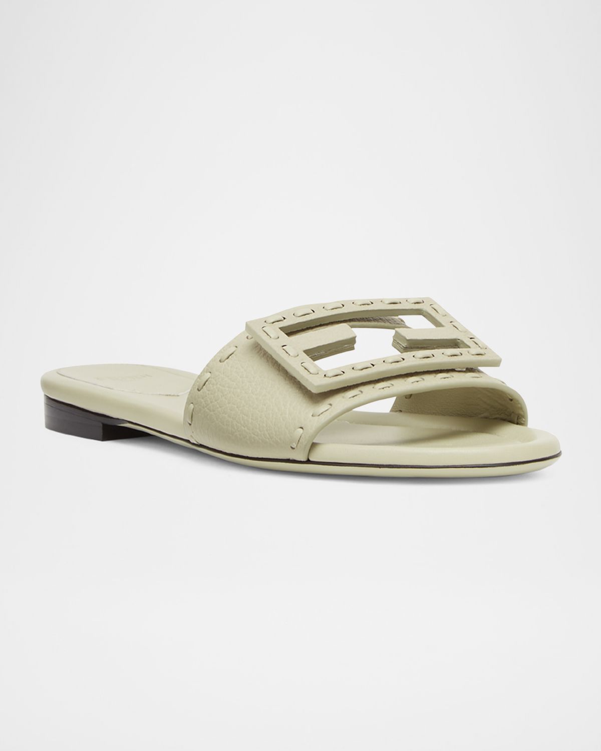 Fendi Baguette FF Leather Buckle Flat Slide Sandals