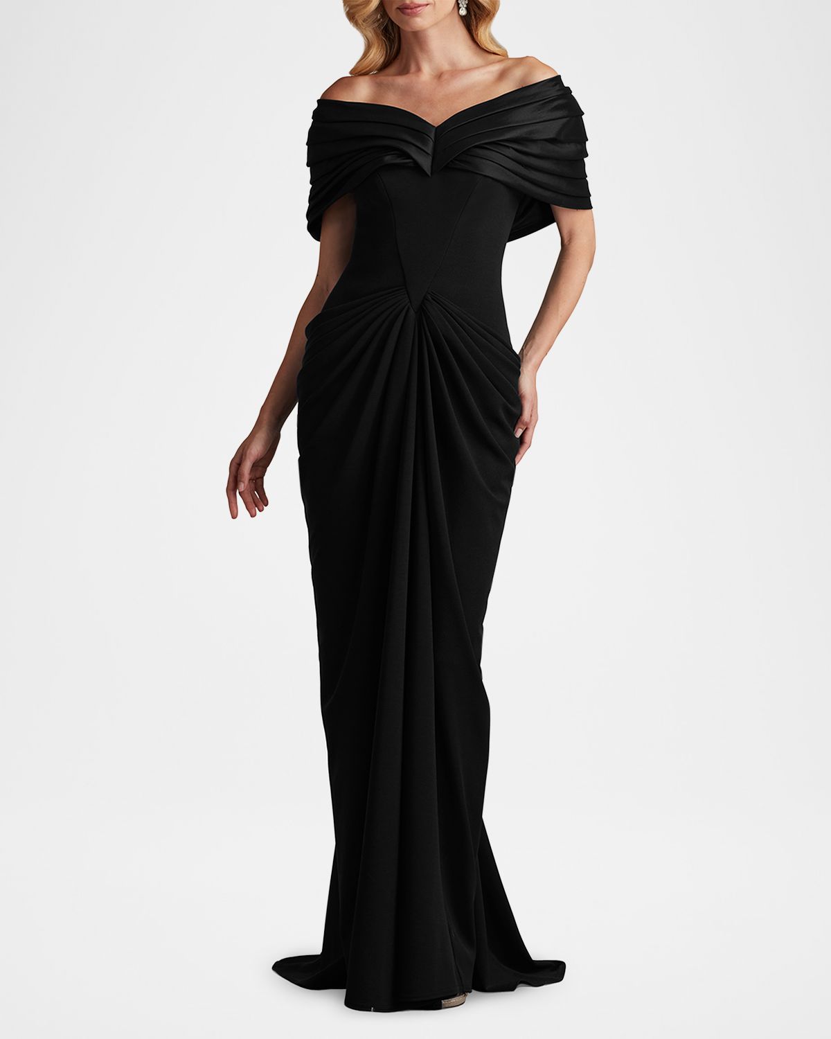 Tadashi Shoji Pleated Off-Shoulder Taffeta & Crepe Gown