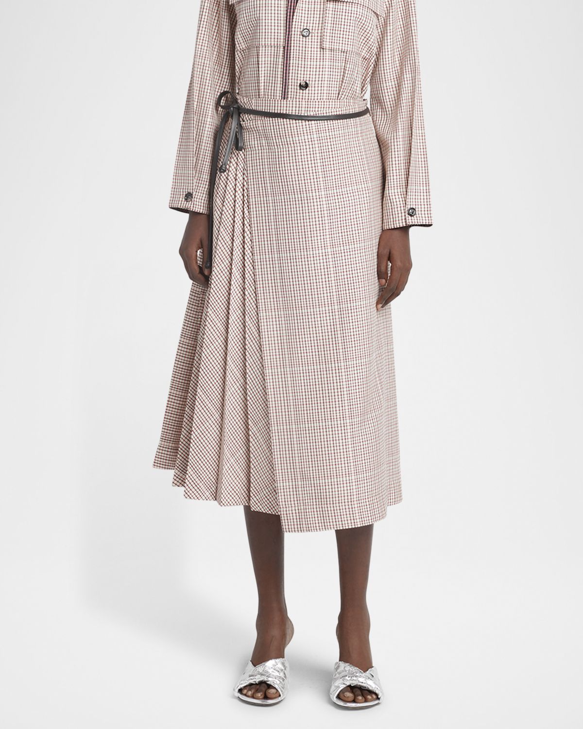Bottega Veneta Check Pleated Midi Wrap Skirt