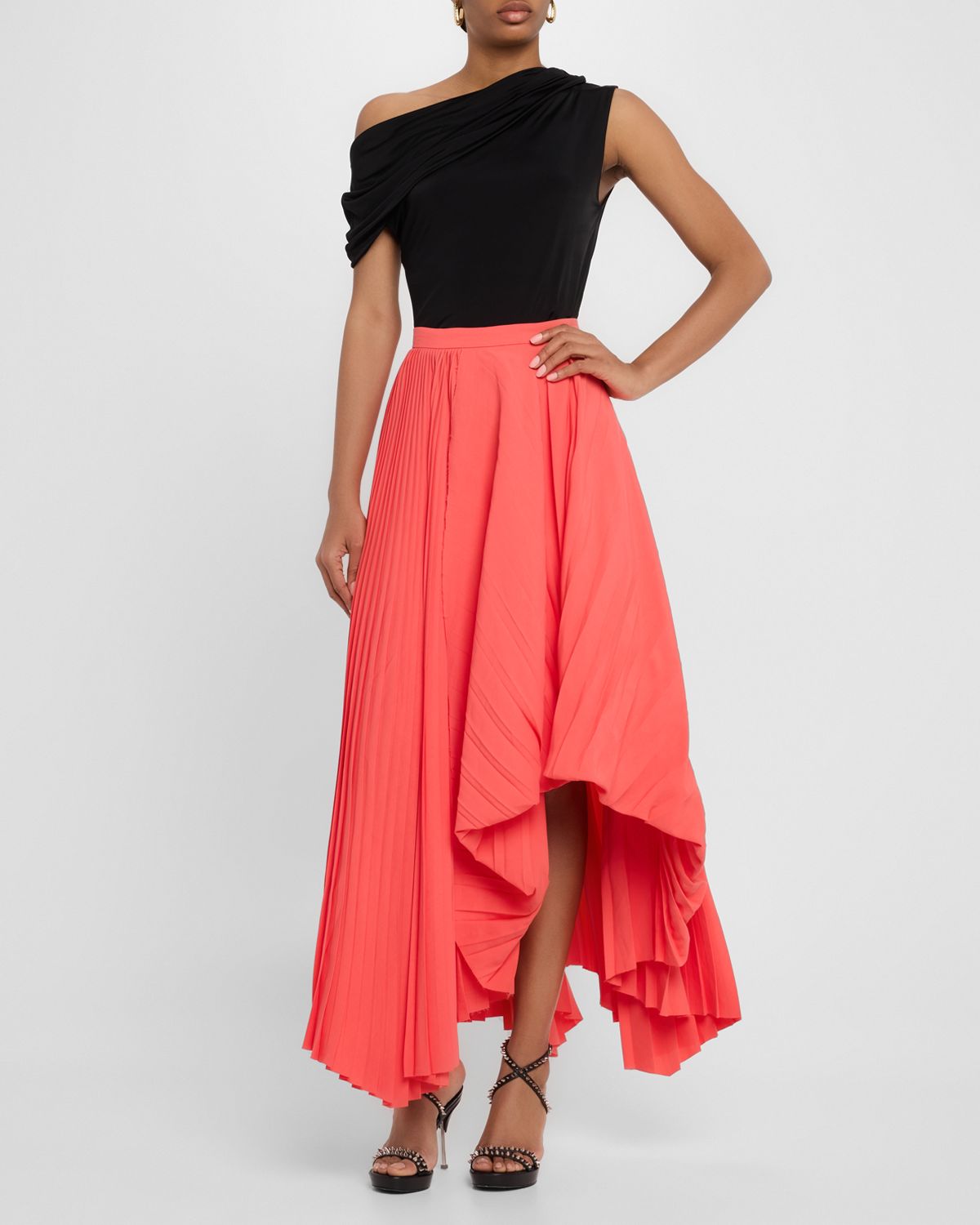 McQueen Pleated Asymmetric Draped Midi Skirt