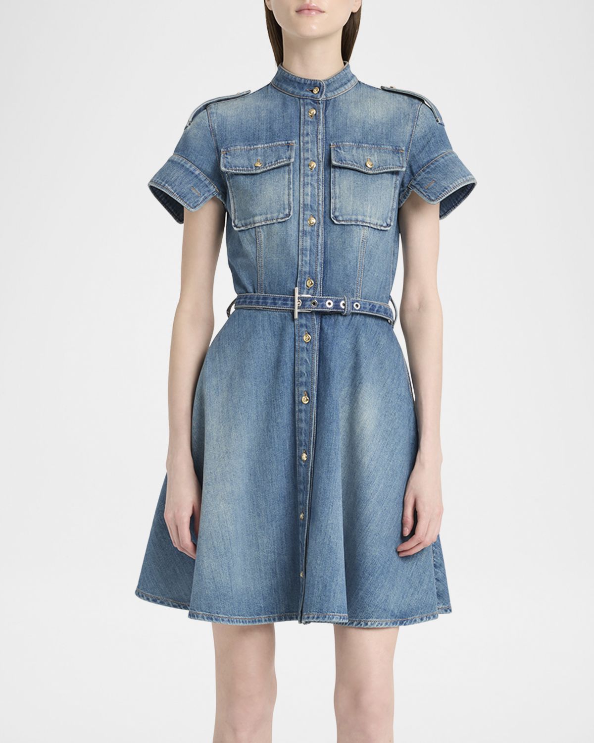 McQueen Short-Sleeve Belted Denim Mini Shirtdress