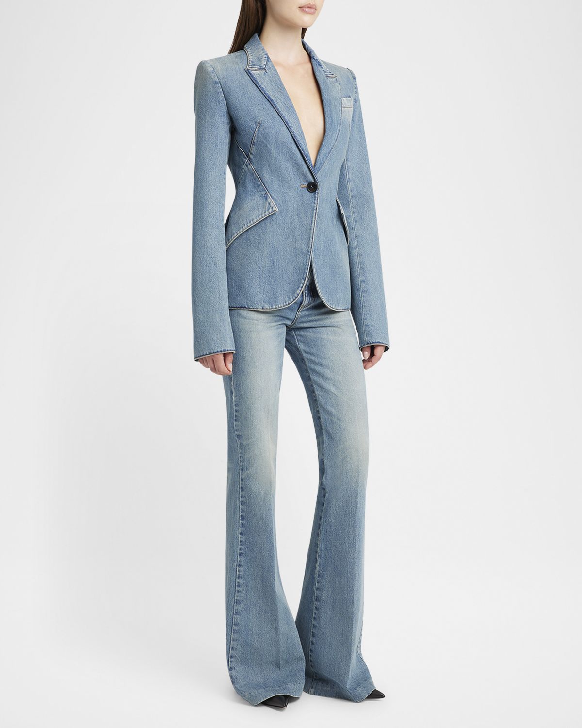 McQueen Light-Wash Denim Single-Breasted Blazer