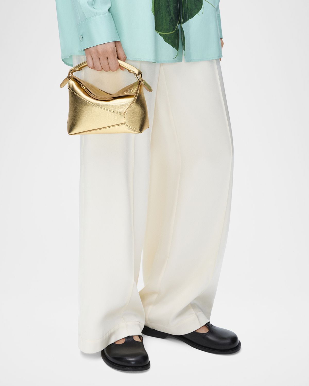 Loewe Puzzle Edge Mini Top-Handle Bag in Metallic Leather