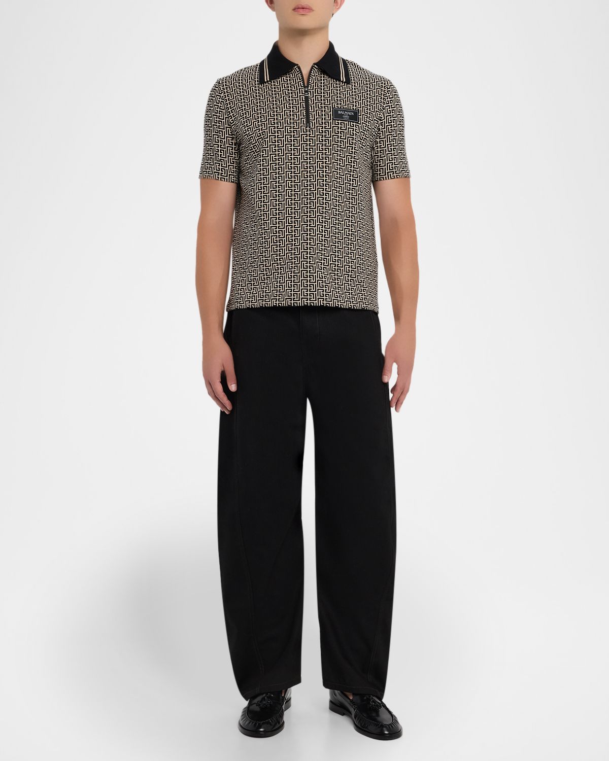 Balmain Men 's Monogram Couture-Label Quarter-Zip Polo Shirt